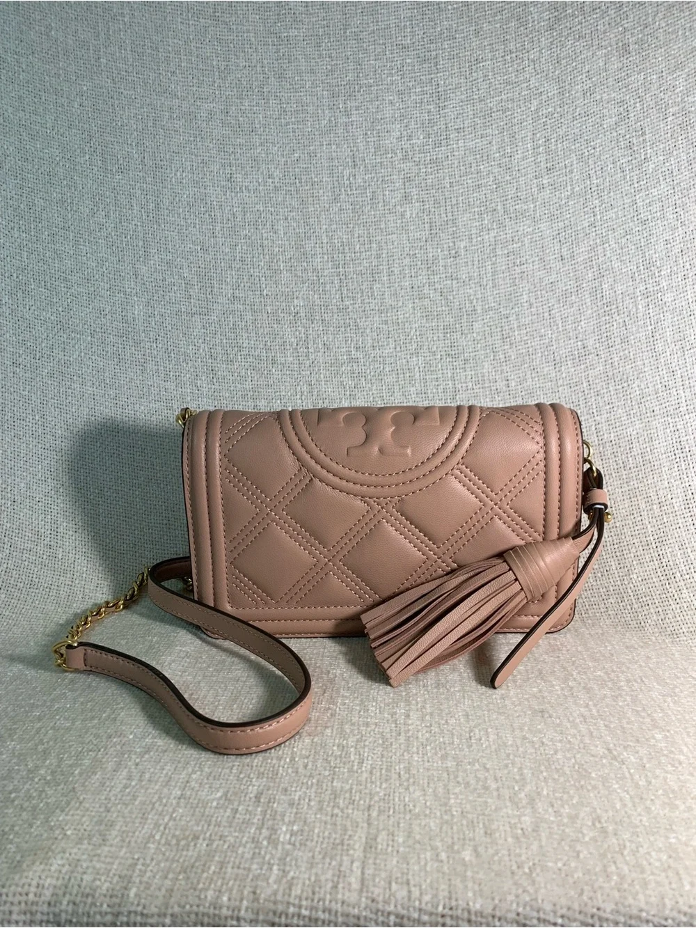 Tory Burch Fleming Pink Moon Quilted Leather Chain Wallet Crossbody Bag